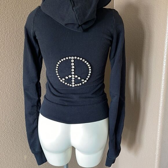 Vintage Twisted heart black zip up hoodie Swarovski peace sign size s - Picture 7 of 10